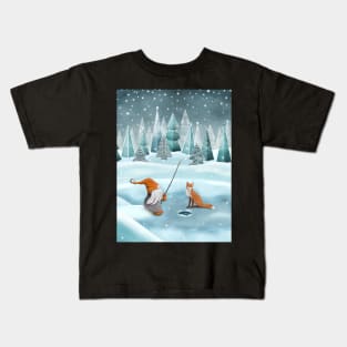 Nordic gnome and red fox fishing winter watercolor illustration. Scandinavian gnome on snowy landscape. Fantasy winter forest. Kids T-Shirt